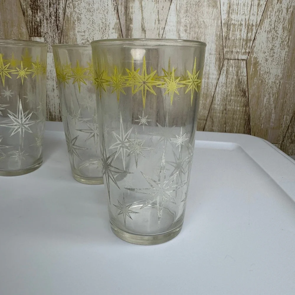 Vintage Hazel Atlas Starburst Glass Tumblers Set of 4 Yellow White Mid Century